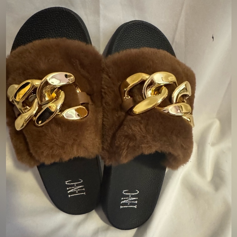 INC Brown Fur Slippers with Gold Chain